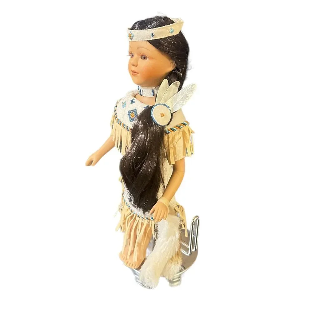Vintage Native American Porcelain Doll Traditional Dress Fringe and Beads 16 inc - Picture 2 of 15